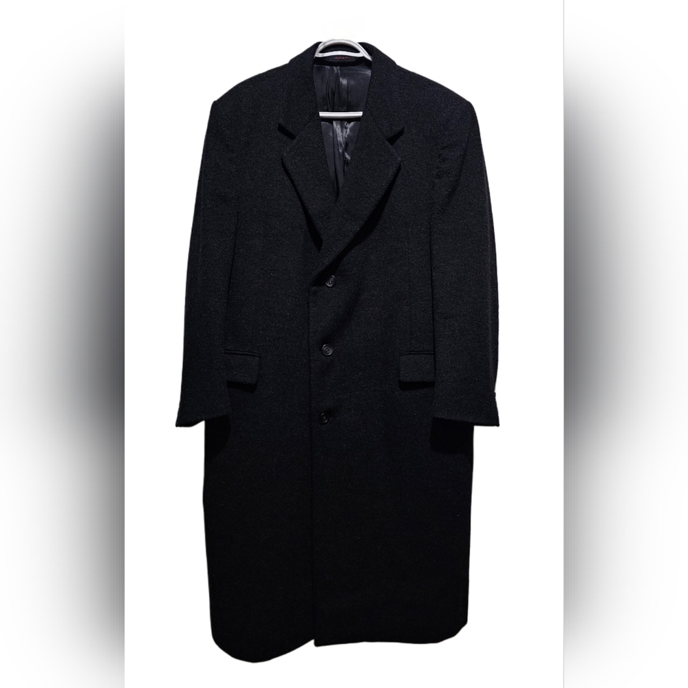 Men's Black Single Breasted Overcoat Macy's Club Room Long Wool Top Coat Sz 44R